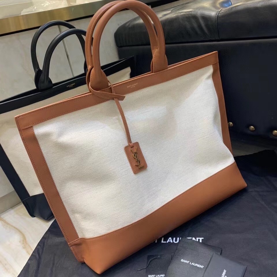 Saint Laurent Tag Shopping Bag In Canvas And Brown Leather