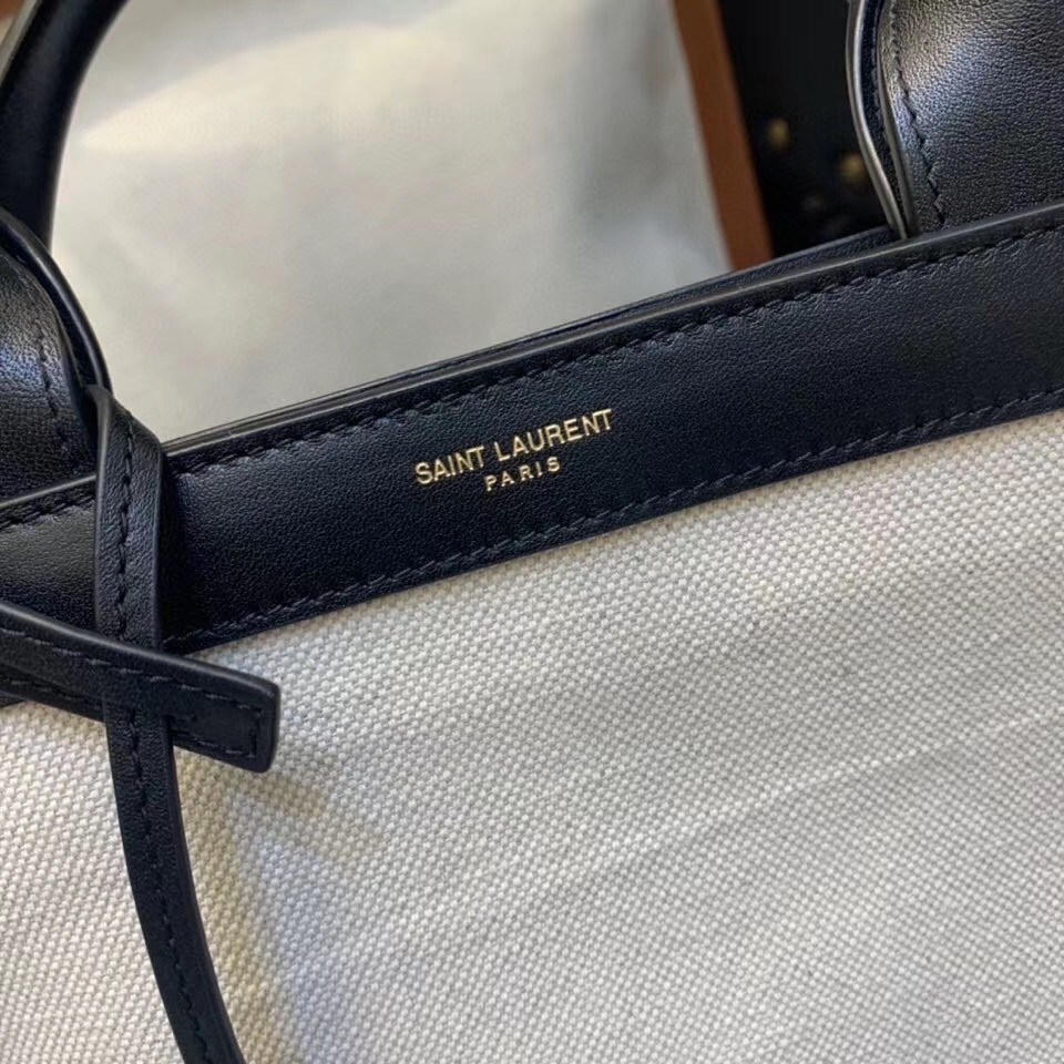 Saint Laurent Tag Shopping Bag In Canvas And Black Leather