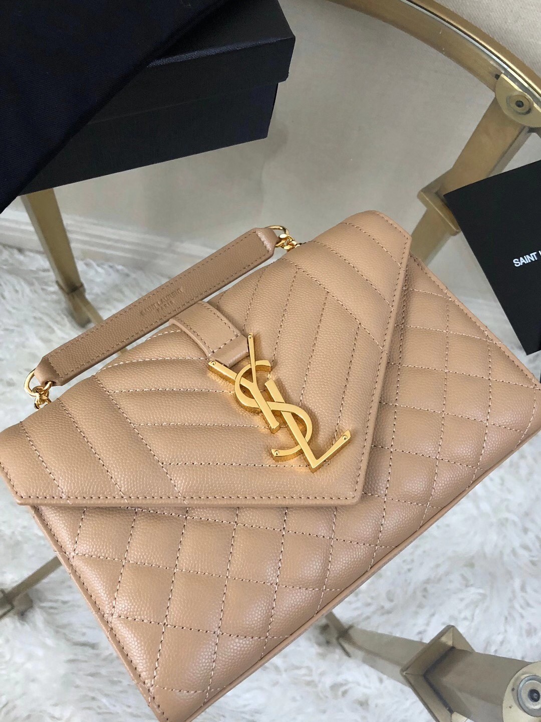 Saint Laurent Small Envelope Bag In Beige Grained Leather