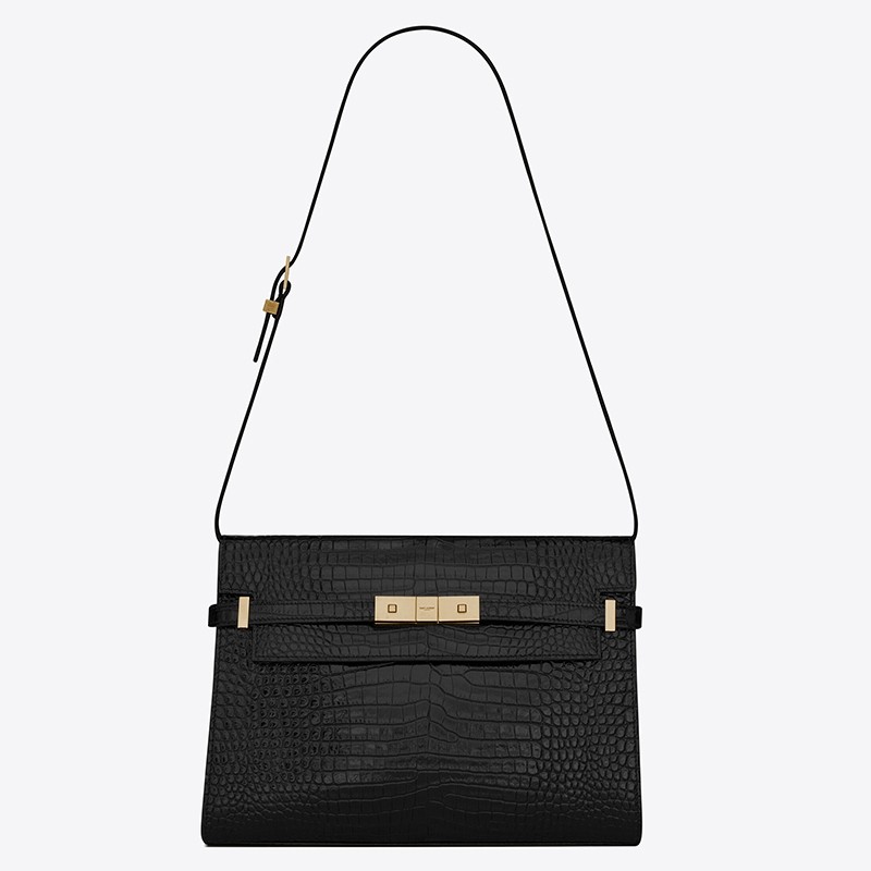 Saint Laurent Manhattan Shoulder Bag In Black Crocodile Embossed Leather