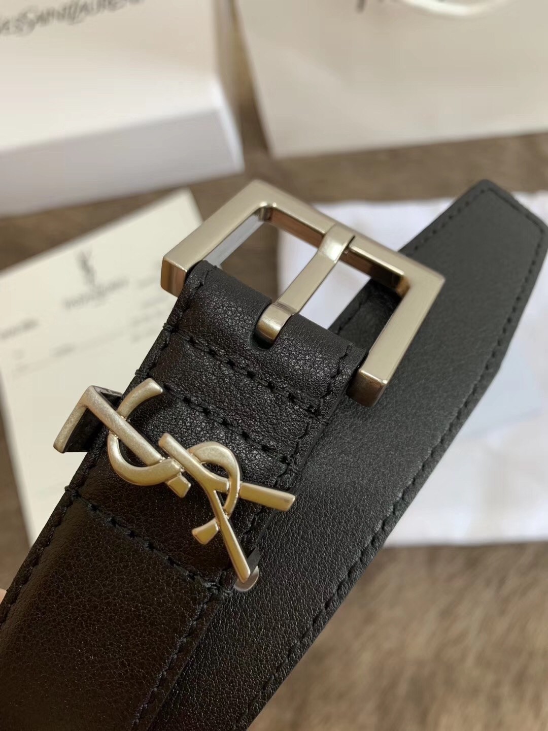 Saint Laurent Monogramme Belt 30MM In Noir Calfskin