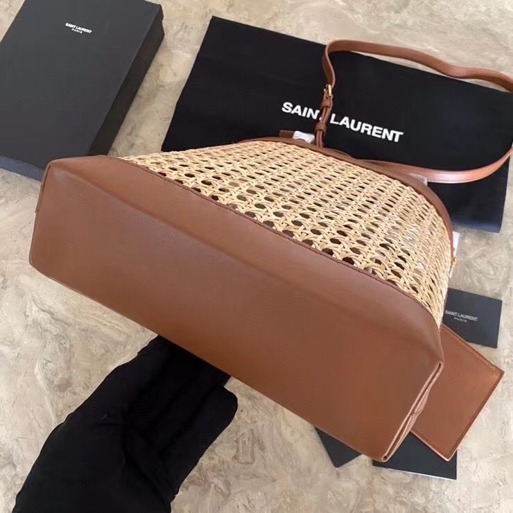 Saint Laurent N/S Toy Shopping Bag In Woven Cane And Leather