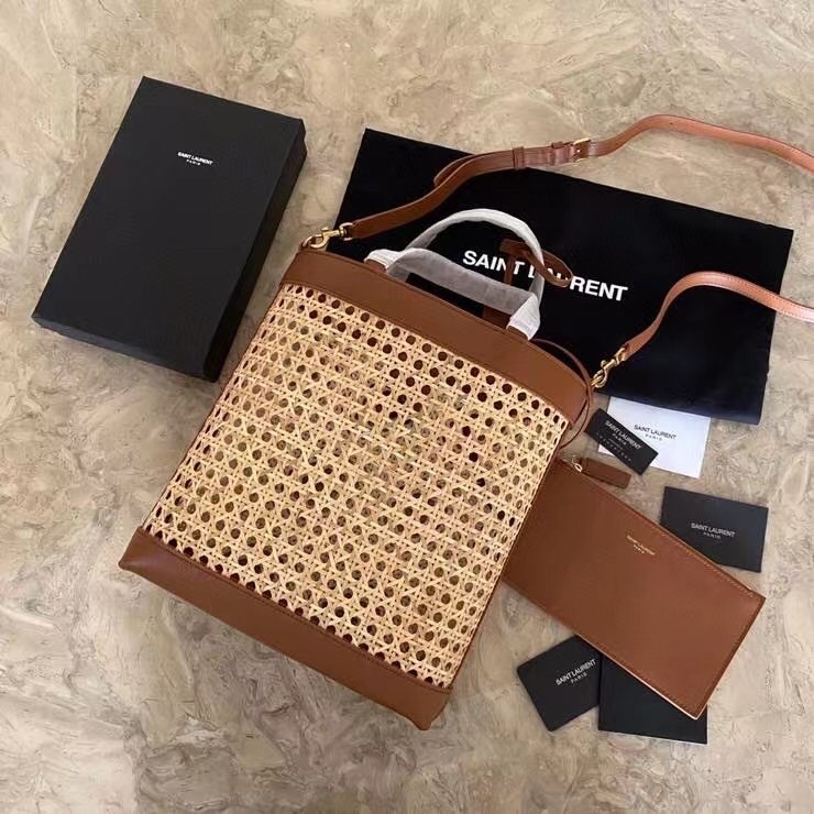 Saint Laurent N/S Toy Shopping Bag In Woven Cane And Leather