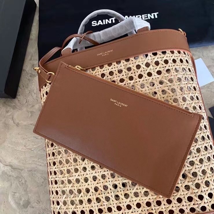 Saint Laurent N/S Toy Shopping Bag In Woven Cane And Leather