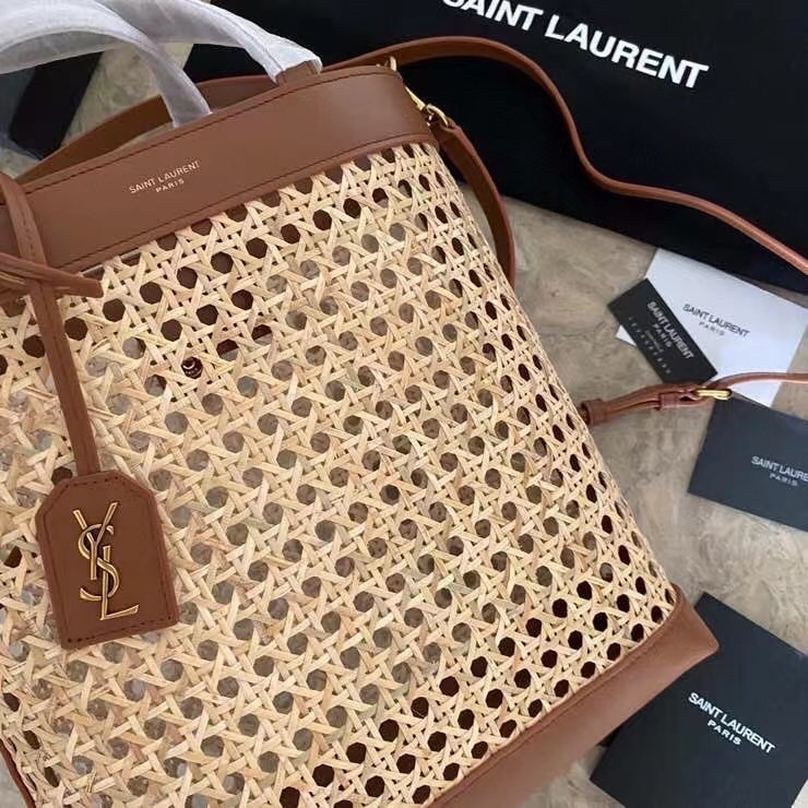 Saint Laurent N/S Toy Shopping Bag In Woven Cane And Leather