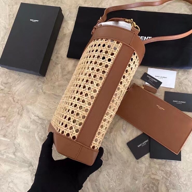 Saint Laurent N/S Toy Shopping Bag In Woven Cane And Leather