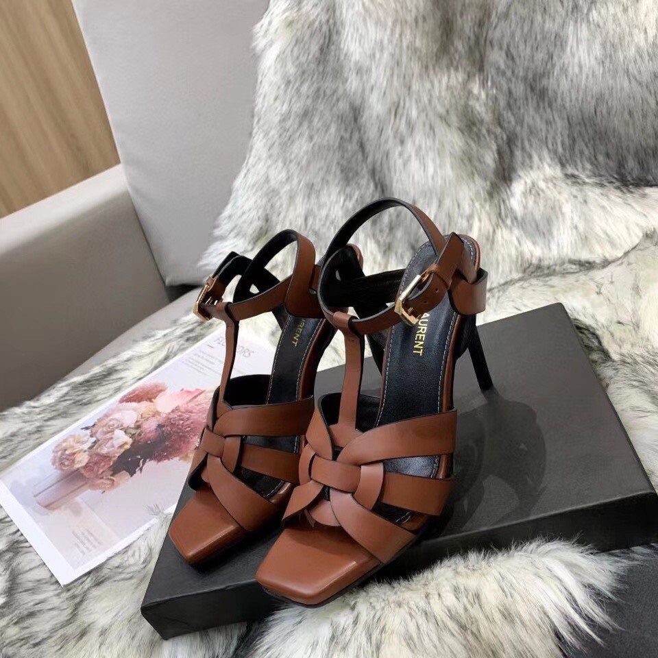 Saint Laurent Tribute High Heel Sandals In Brown Calfskin