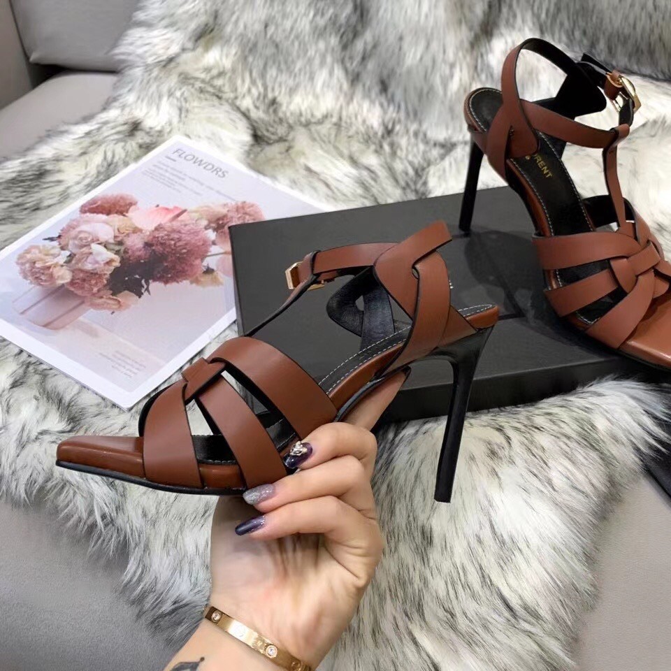 Saint Laurent Tribute High Heel Sandals In Brown Calfskin