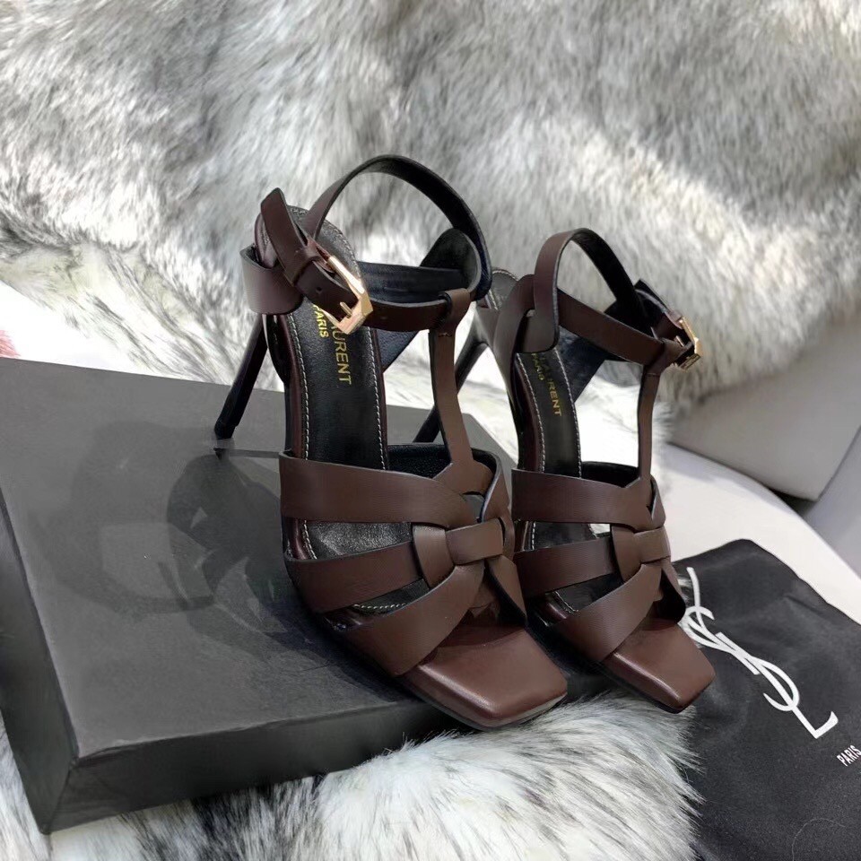 Saint Laurent Tribute High Heel Sandals In Chocolate Calfskin