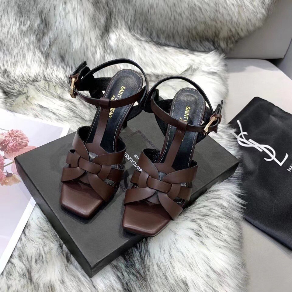 Saint Laurent Tribute High Heel Sandals In Chocolate Calfskin