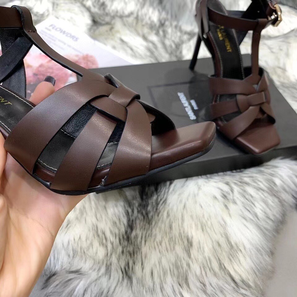 Saint Laurent Tribute High Heel Sandals In Chocolate Calfskin