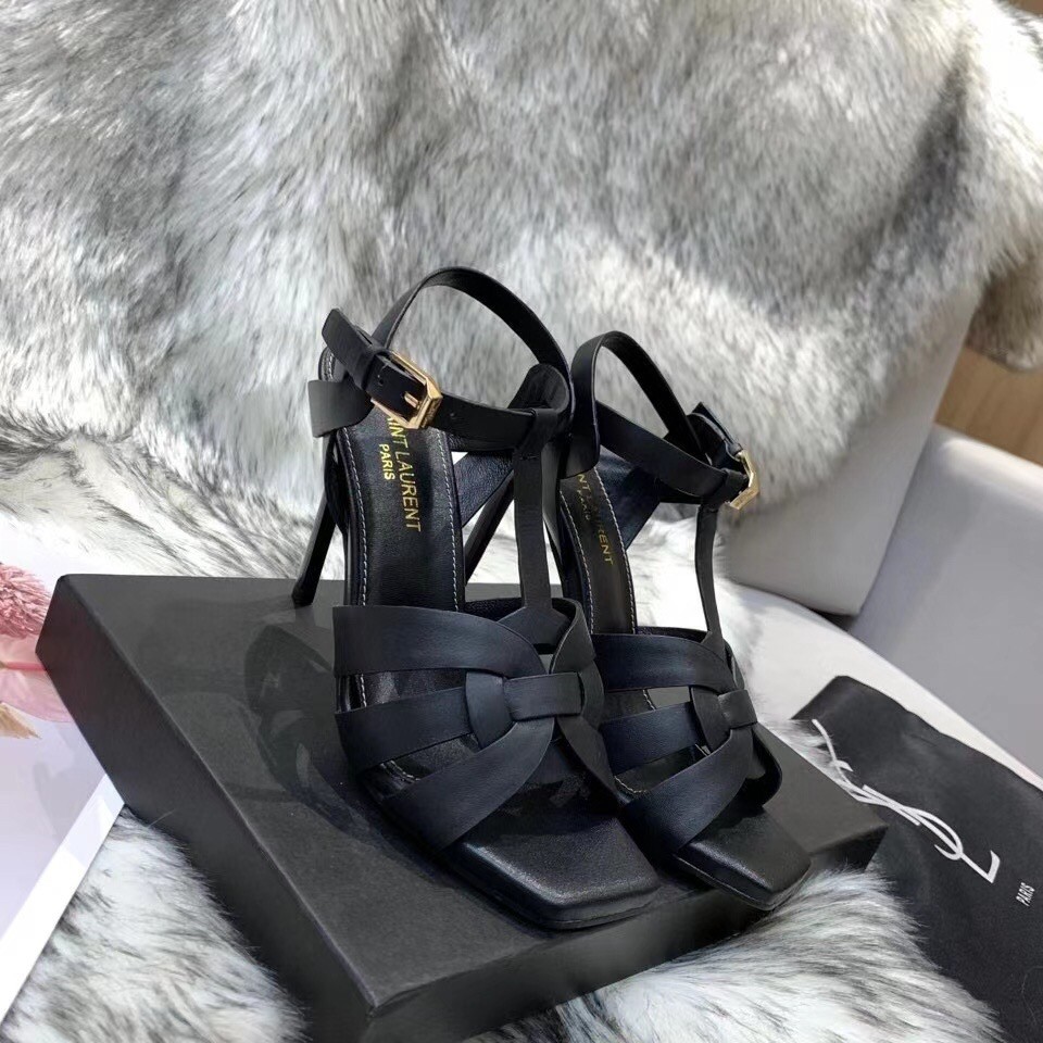 Saint Laurent Tribute High Heel Sandals In Black Calfskin