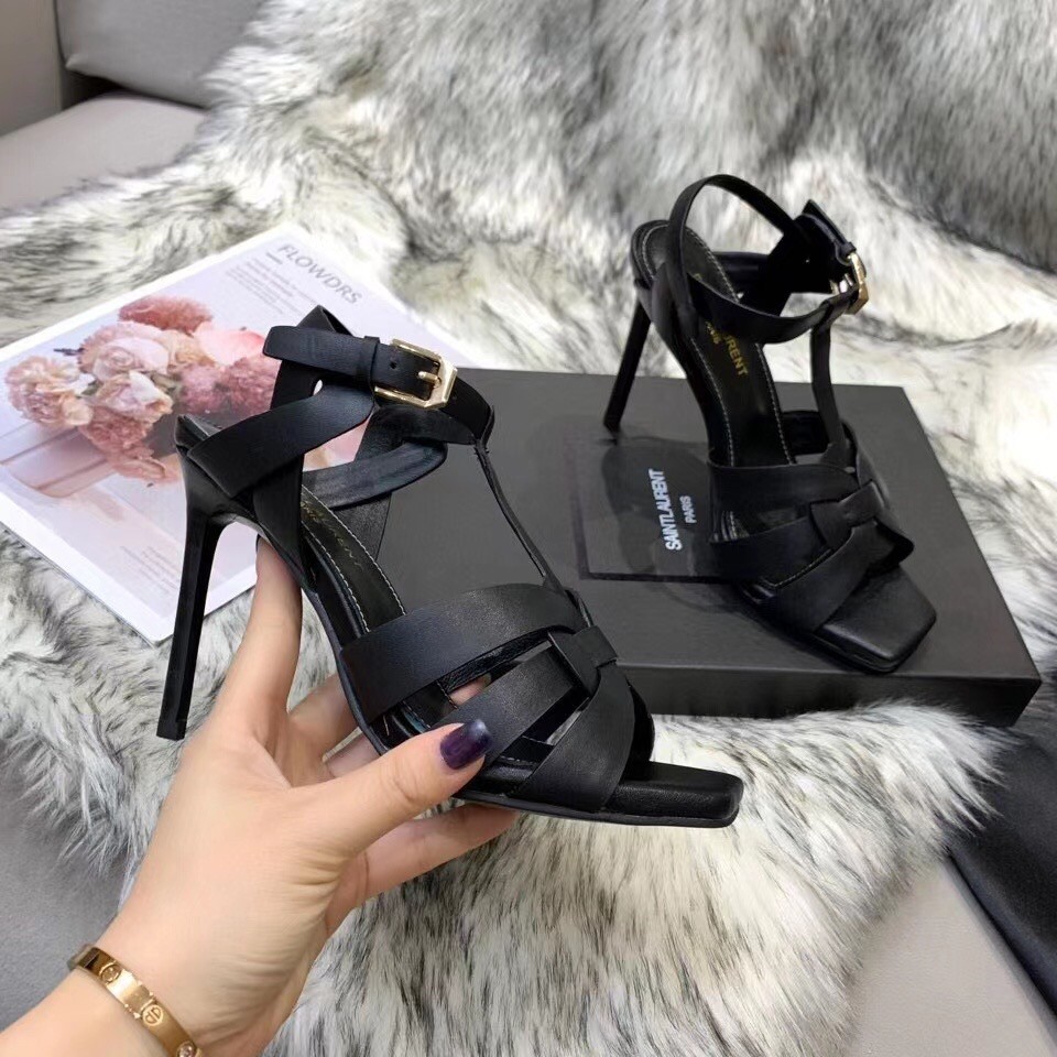 Saint Laurent Tribute High Heel Sandals In Black Calfskin