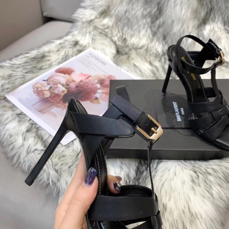 Saint Laurent Tribute High Heel Sandals In Black Calfskin