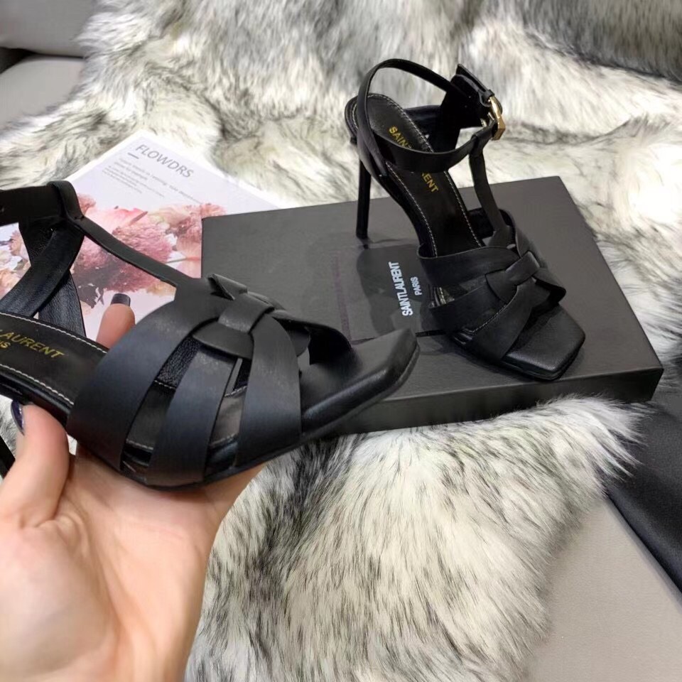 Saint Laurent Tribute High Heel Sandals In Black Calfskin