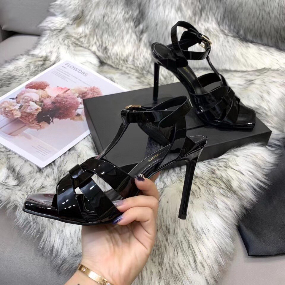 Saint Laurent Tribute High Heel Sandals In Black Patent Leather