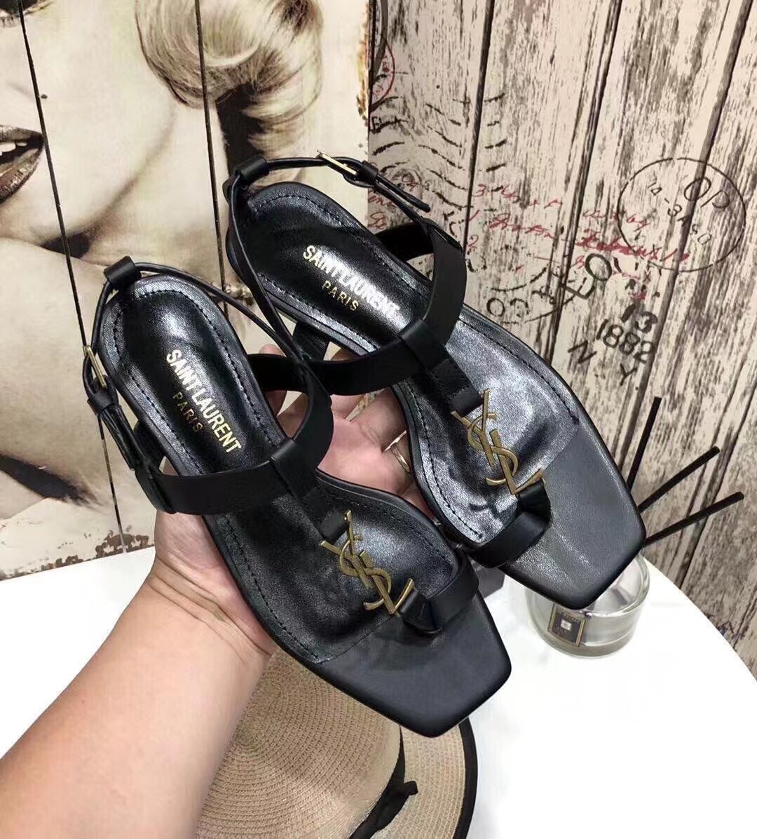 Saint Laurent Cassandra Flat Sandals In Black Calfskin