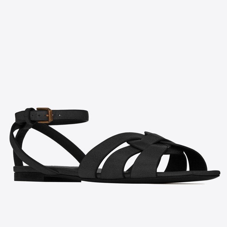 Saint Laurent Tribute Flat Sandals In Black Leather