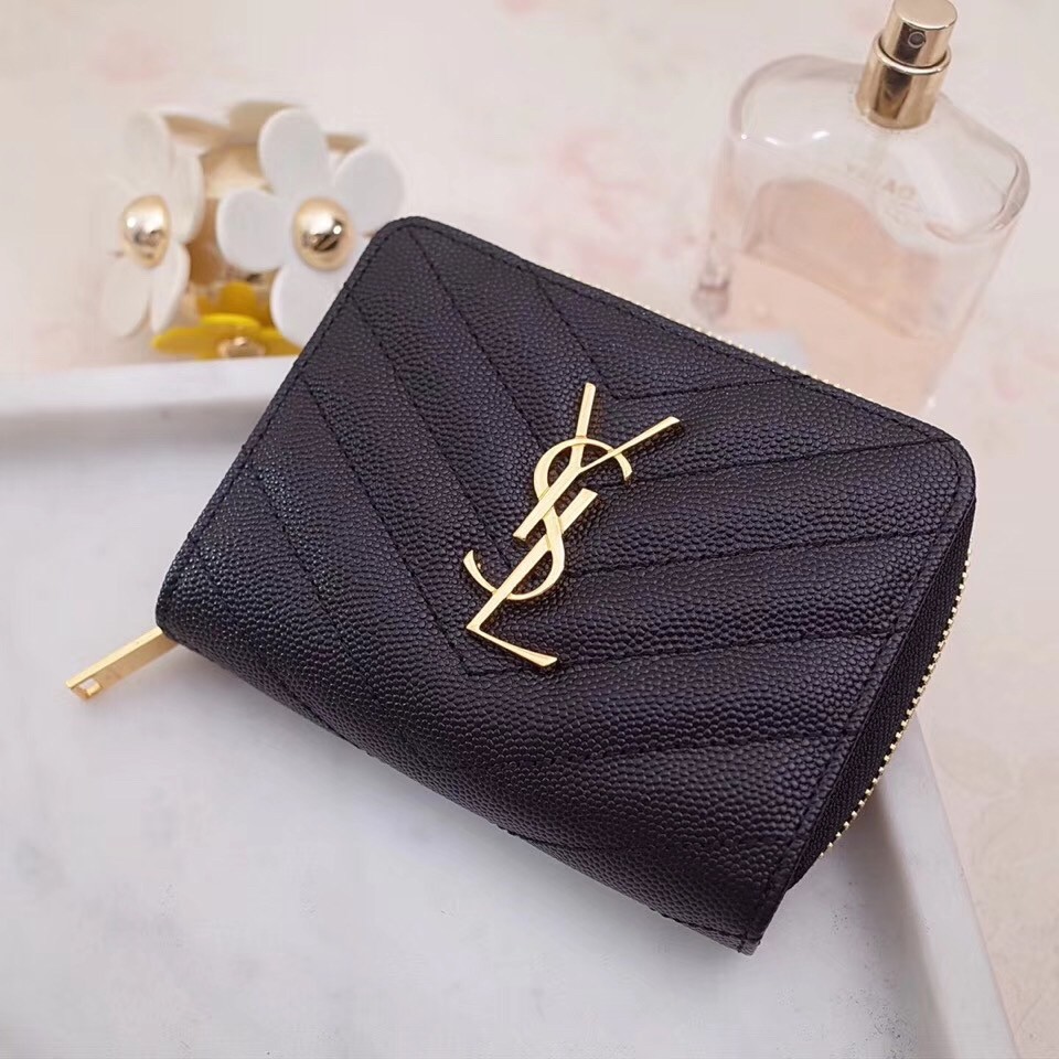 Saint Laurent Compact Zip Around Wallet In Black Leather