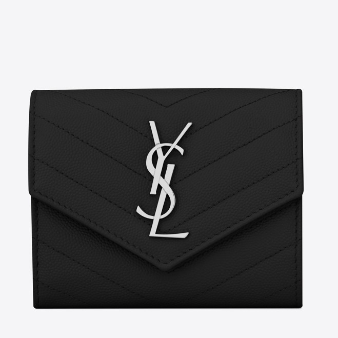 Saint Laurent Compact Tri Fold Wallet In Noir Leather