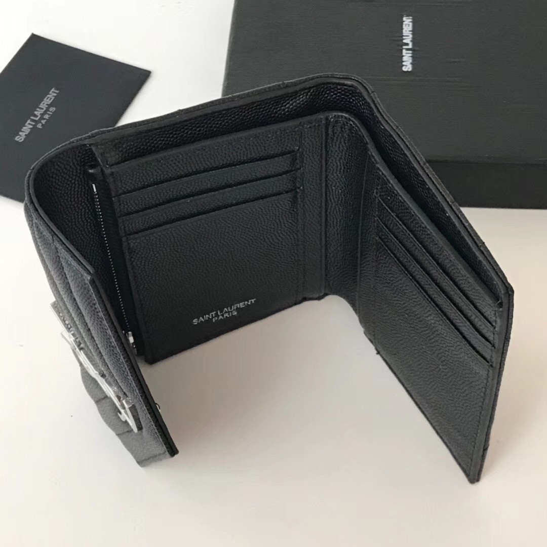 Saint Laurent Compact Tri Fold Wallet In Noir Leather