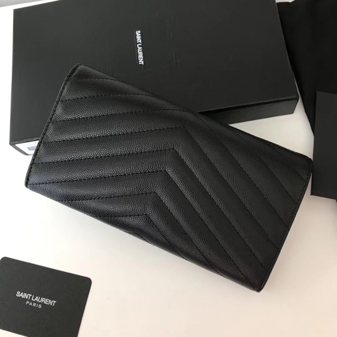 Saint Laurent Large Monogram Flap Wallet In Black Grained Leather