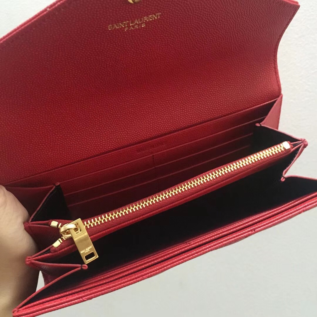 Saint Laurent Large Monogram Flap Wallet In Red Grained Leather