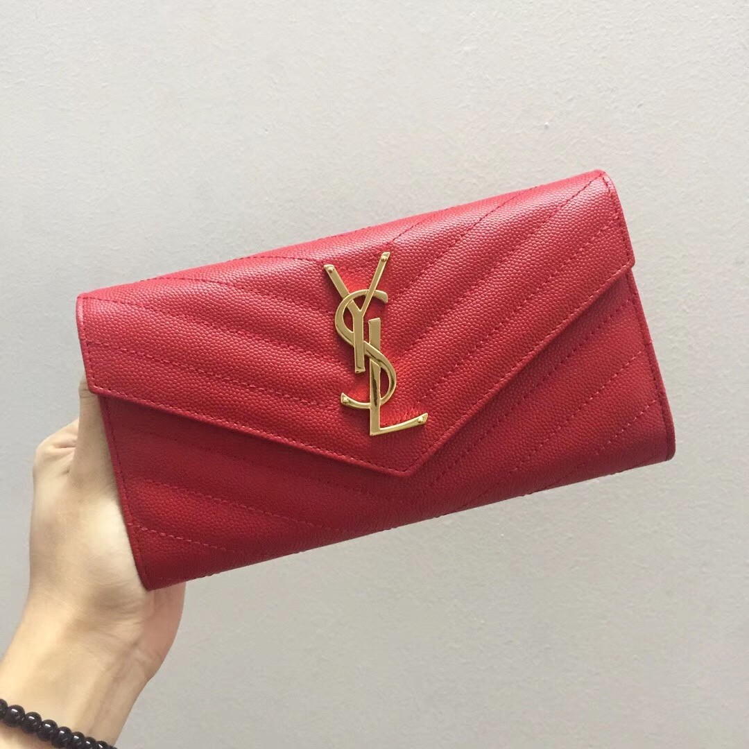 Saint Laurent Large Monogram Flap Wallet In Red Grained Leather