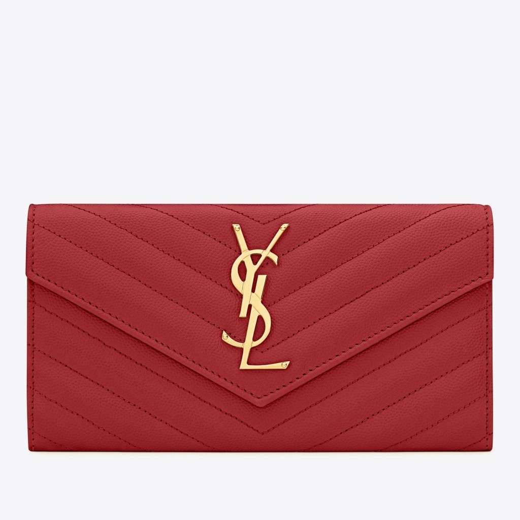 Saint Laurent Large Monogram Flap Wallet In Red Grained Leather