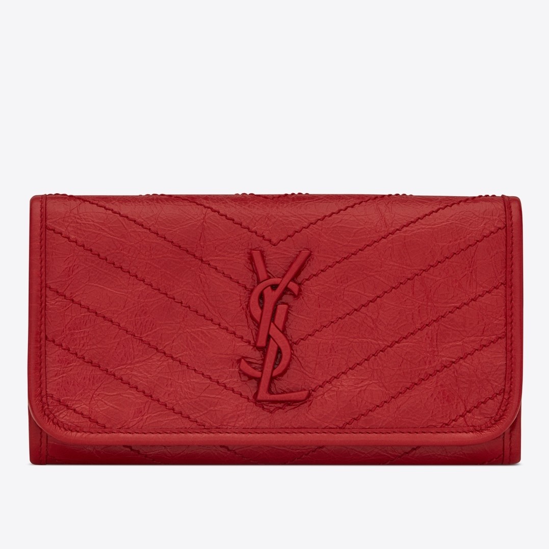 Saint Laurent Niki Large Wallet In Red Crinkled Vintage Leather