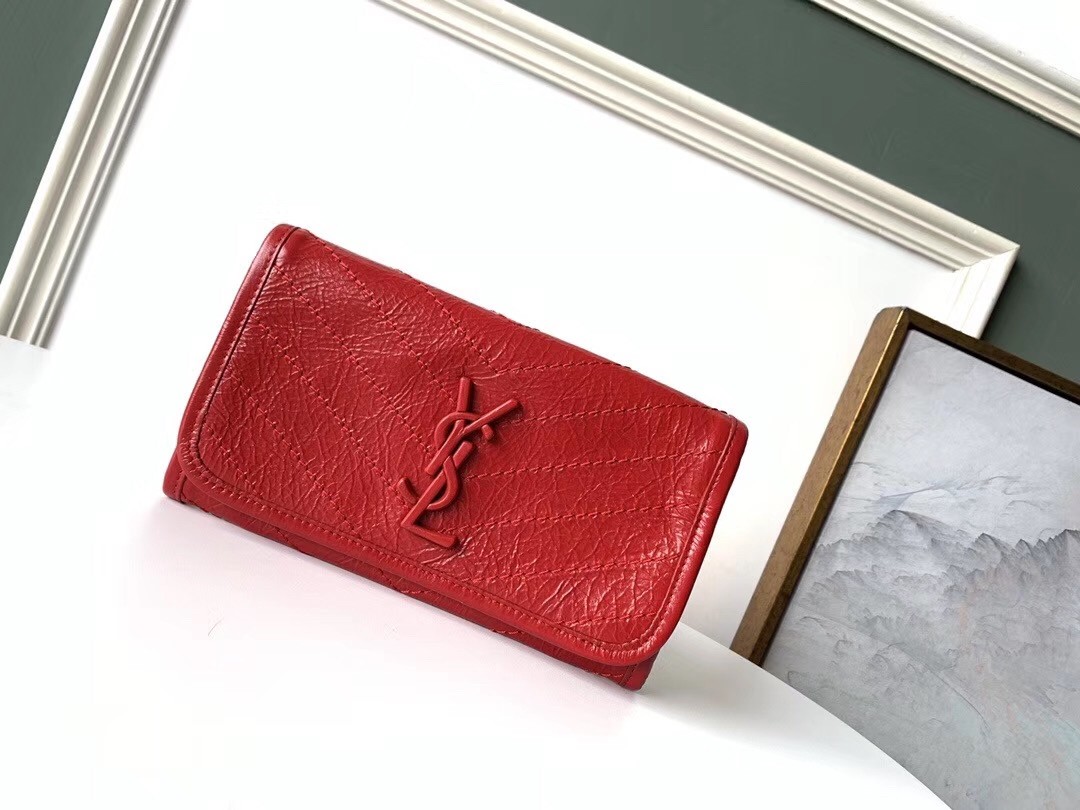 Saint Laurent Niki Large Wallet In Red Crinkled Vintage Leather