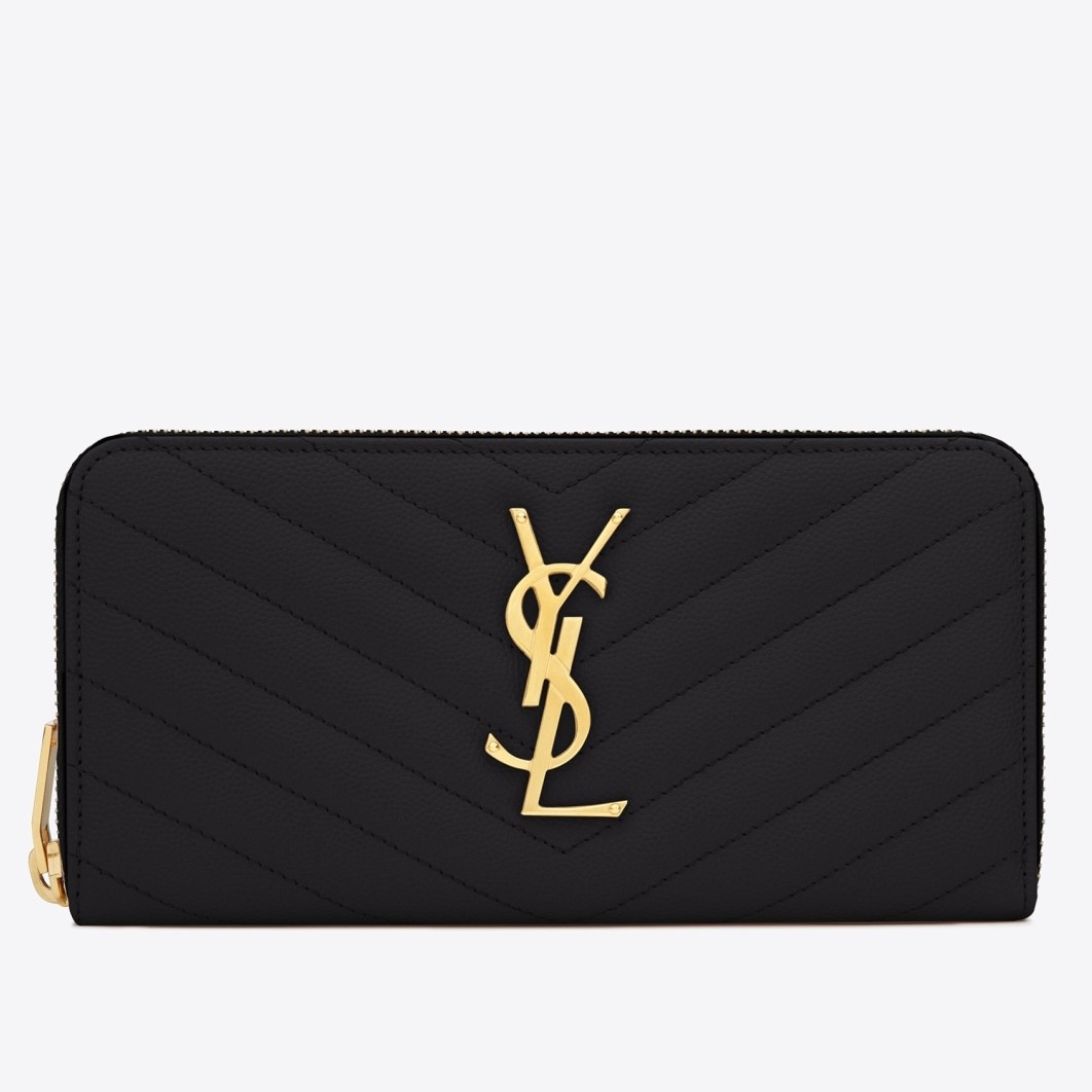 Saint Laurent Monogram Zip Around Wallet In Black Grained Leather