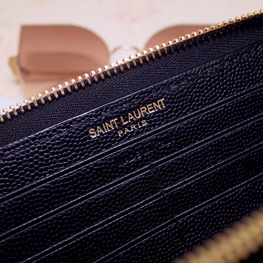 Saint Laurent Monogram Zip Around Wallet In Black Grained Leather