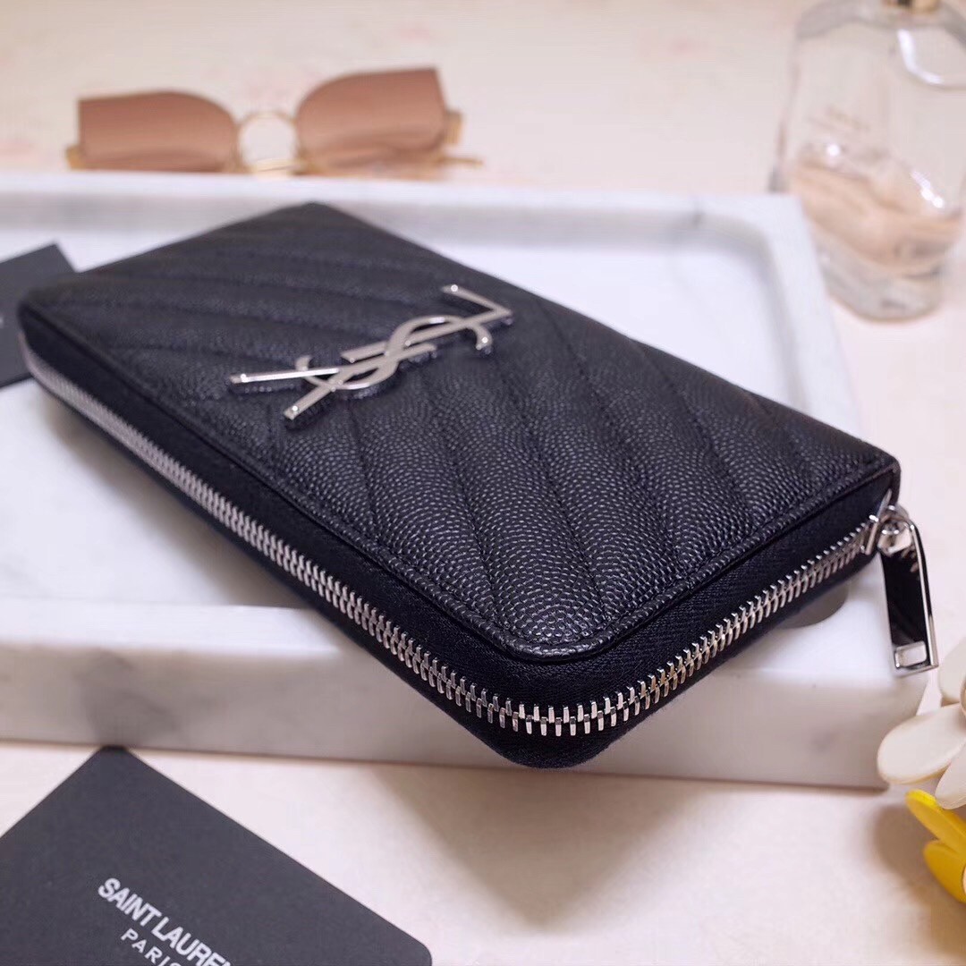 Saint Laurent Monogram Zip Around Wallet In Noir Grained Leather