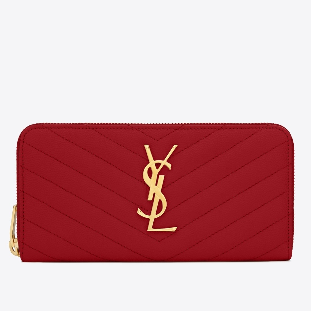 Saint Laurent Monogram Zip Around Wallet In Red Grained Leather