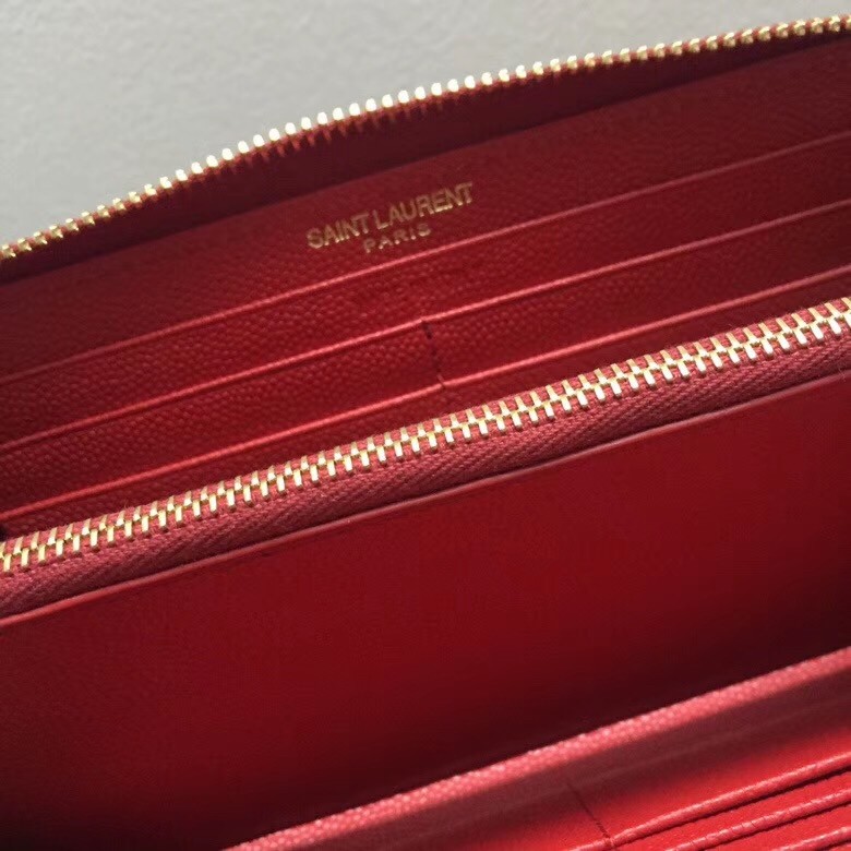 Saint Laurent Monogram Zip Around Wallet In Red Grained Leather