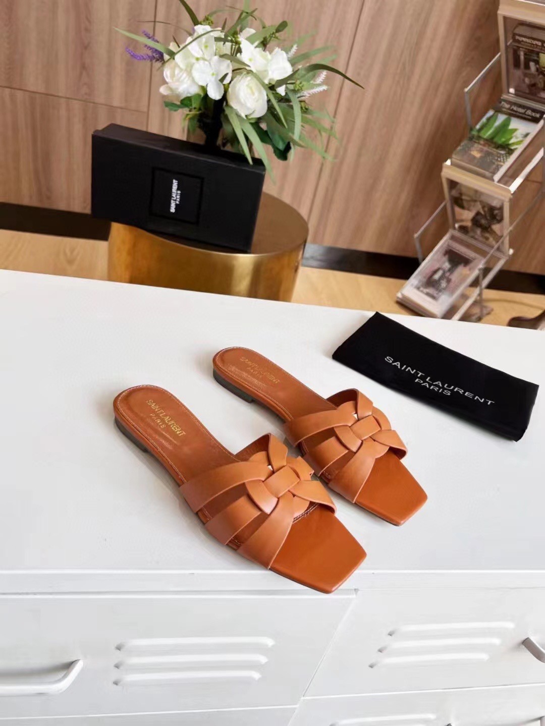 Saint Laurent Tribute Slides In Tan Calfskin