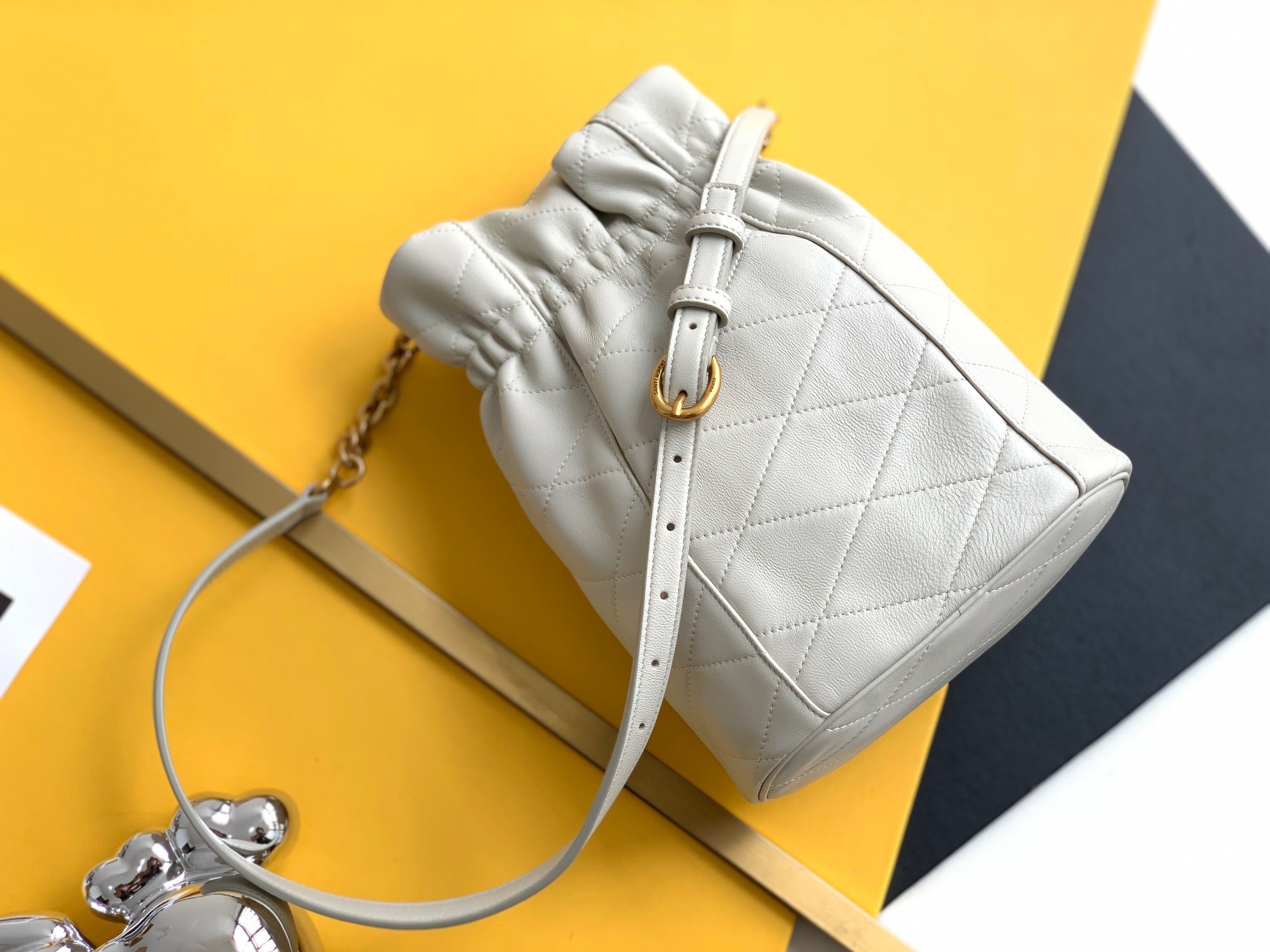 Saint Laurent Le Maillon Hook Bucket Bag In White Lambskin