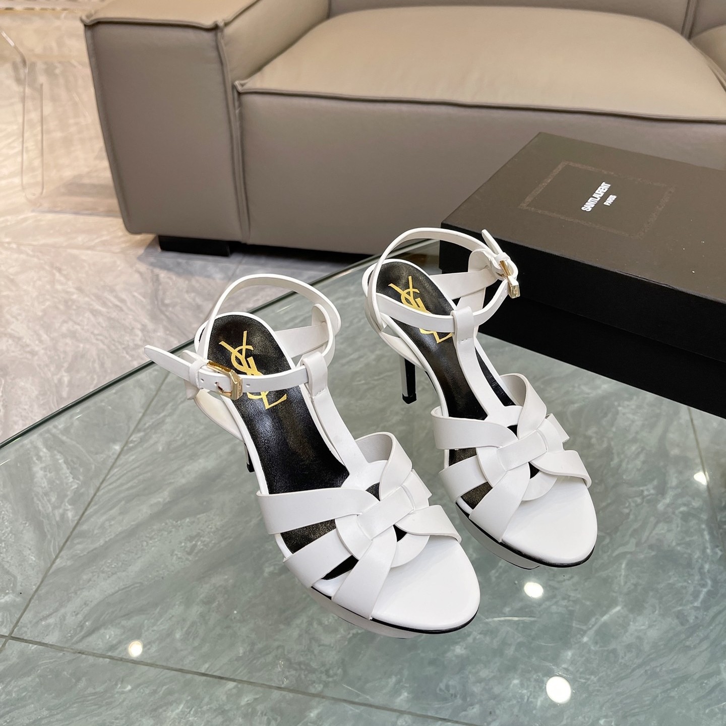 Saint Laurent Tribute Platform Sandals 105mm In White Calfskin