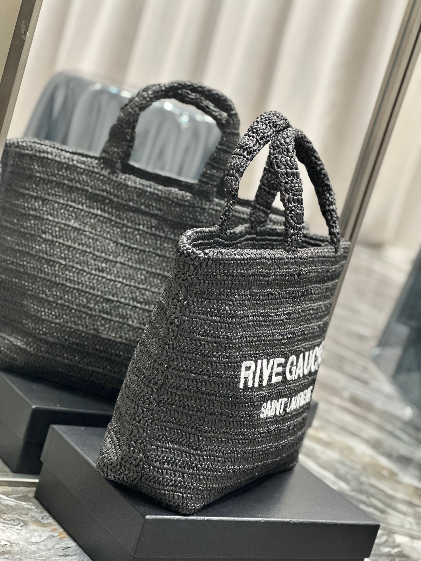 Saint Laurent Rive Gauche Tote Bag in Black Raffia Crochet