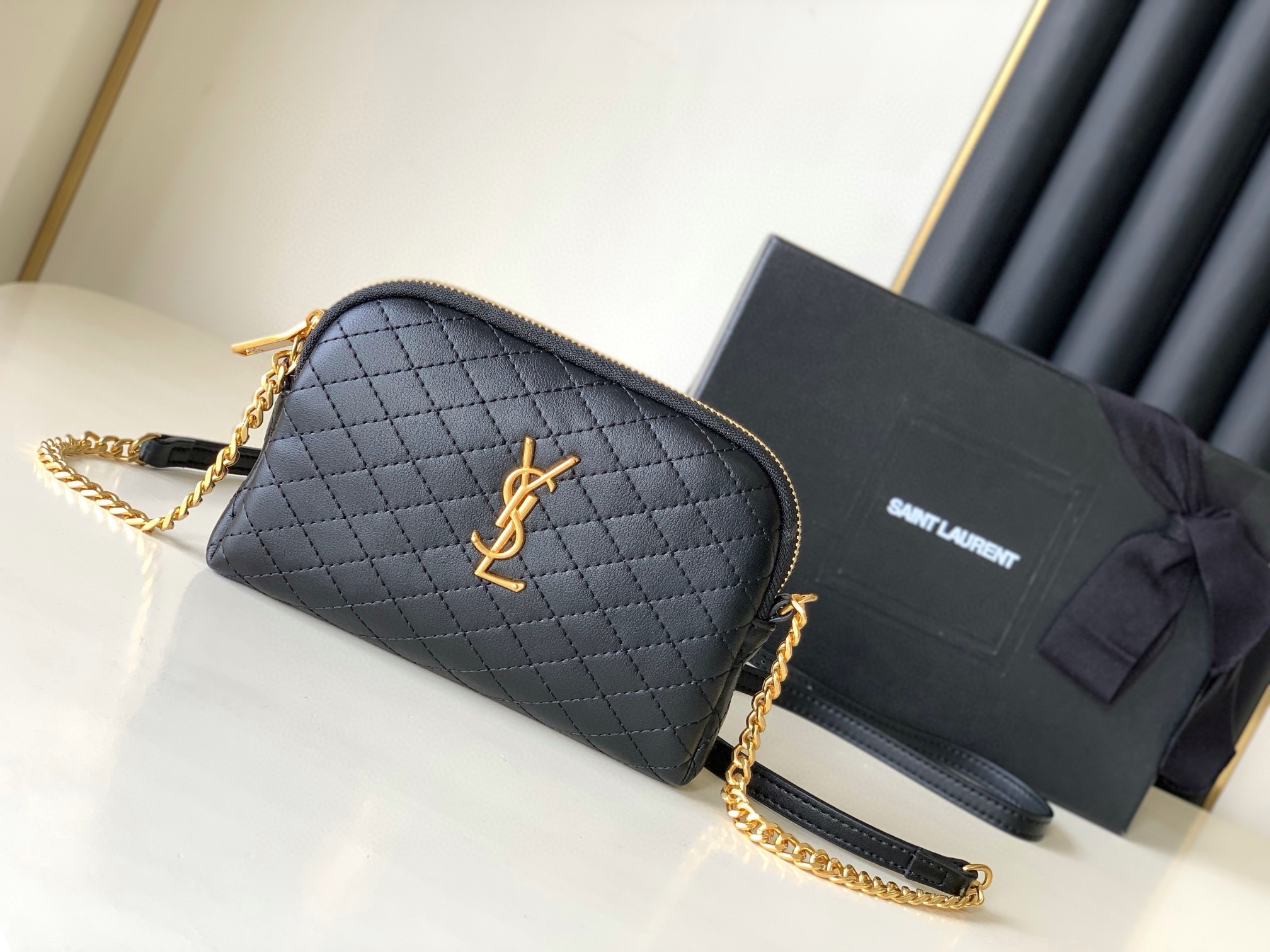 Saint Laurent Gaby Zipped Pouch in Black Quilted Lambskin