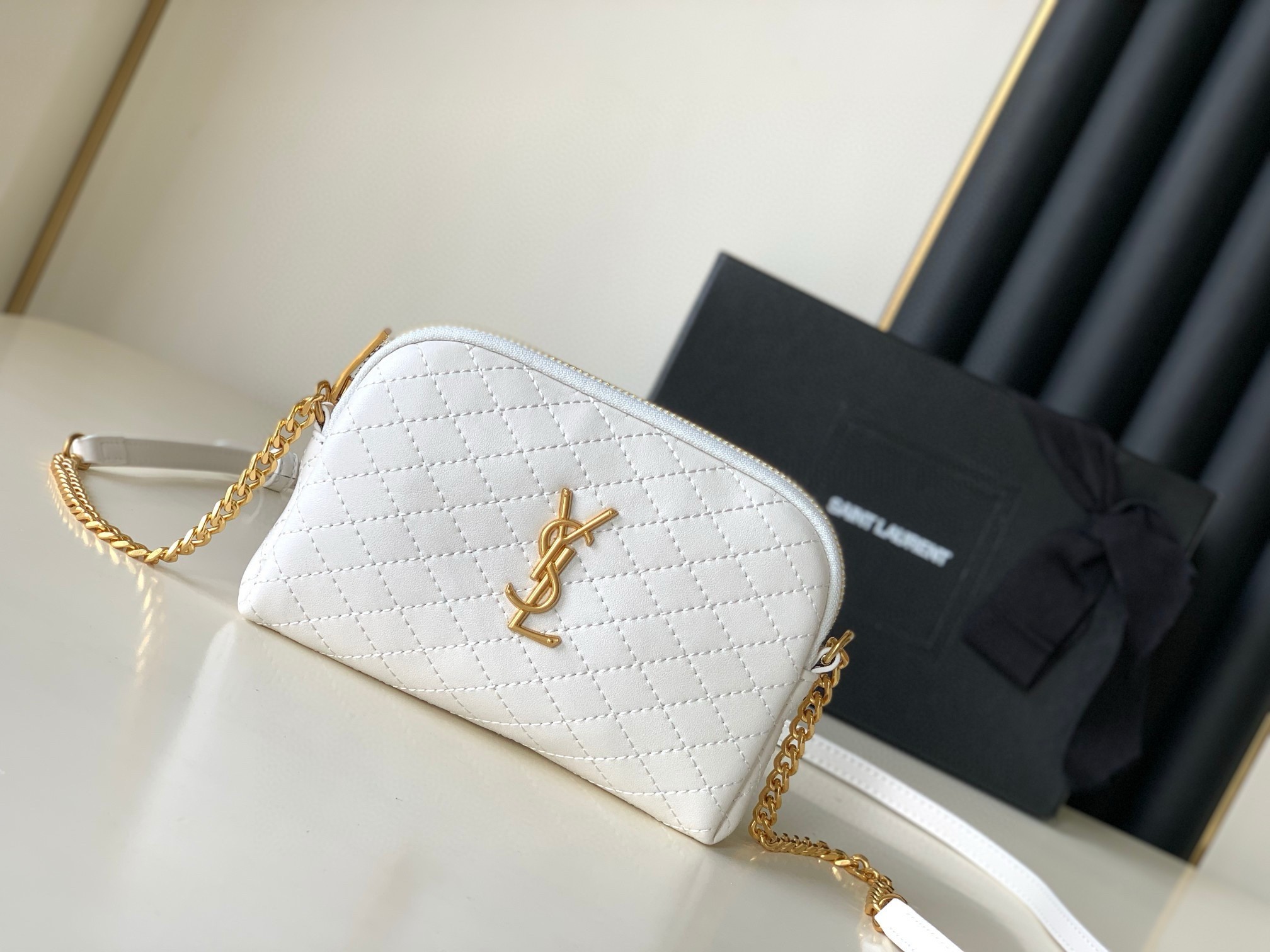 Saint Laurent Gaby Zipped Pouch in White Quilted Lambskin