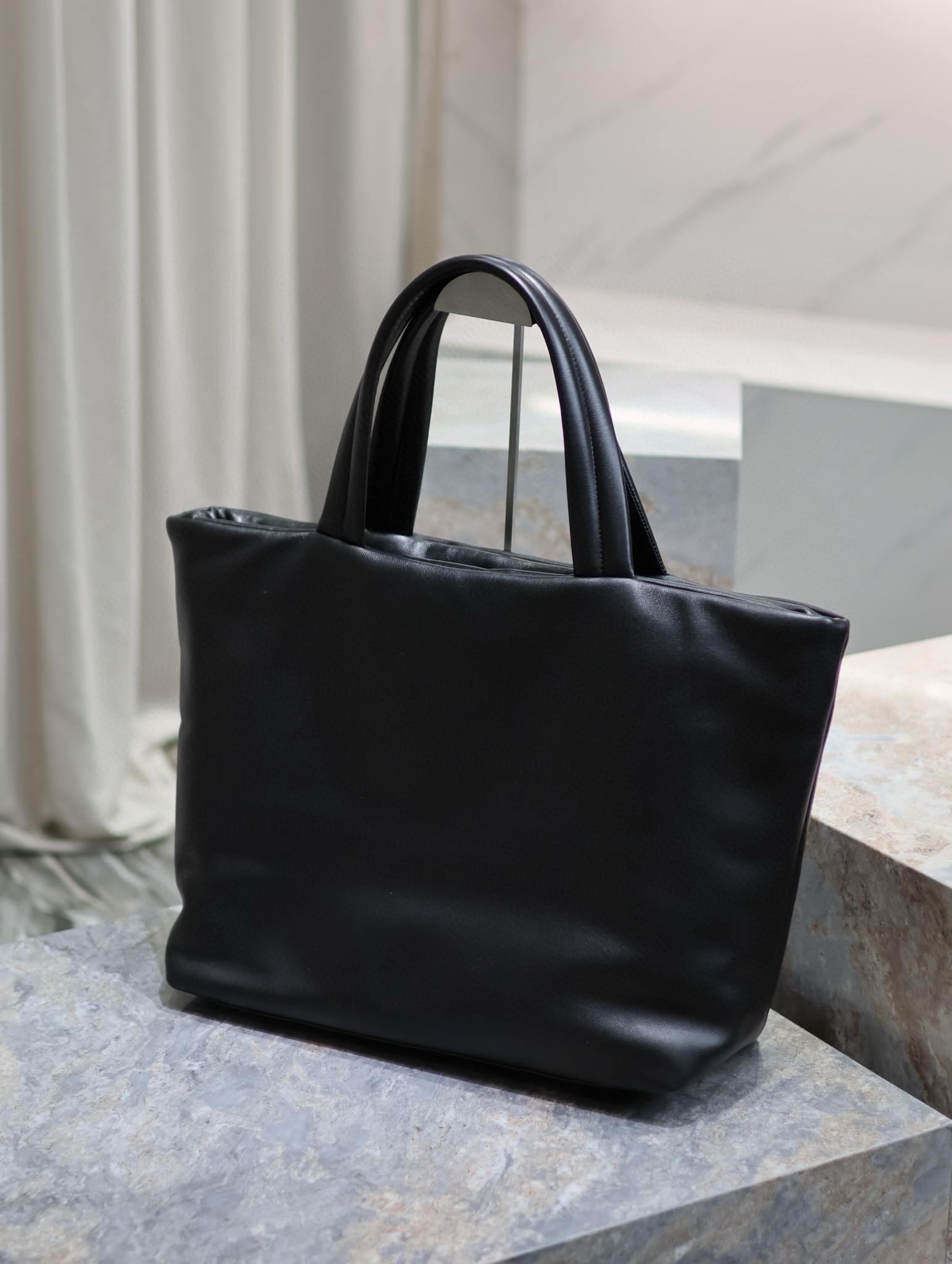 Saint Laurent Wide Puffer Tote Bag in Black Nappa Lambskin