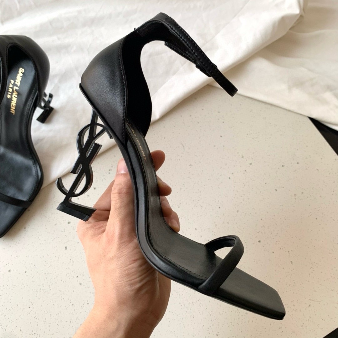 Saint Laurent Opyum 85mm Sandals in Black Leather with Black YSL Heel