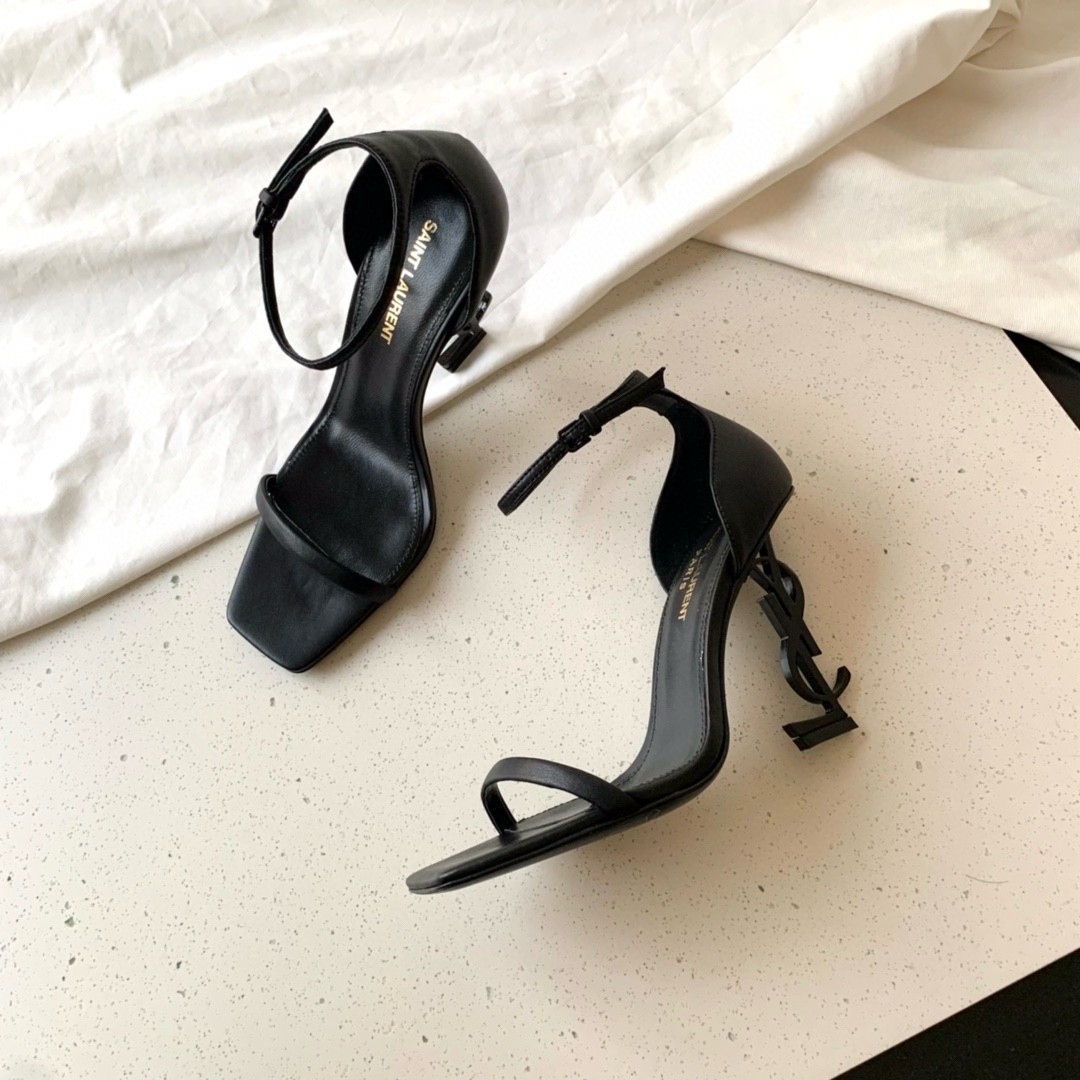 Saint Laurent Opyum 85mm Sandals in Black Leather with Black YSL Heel