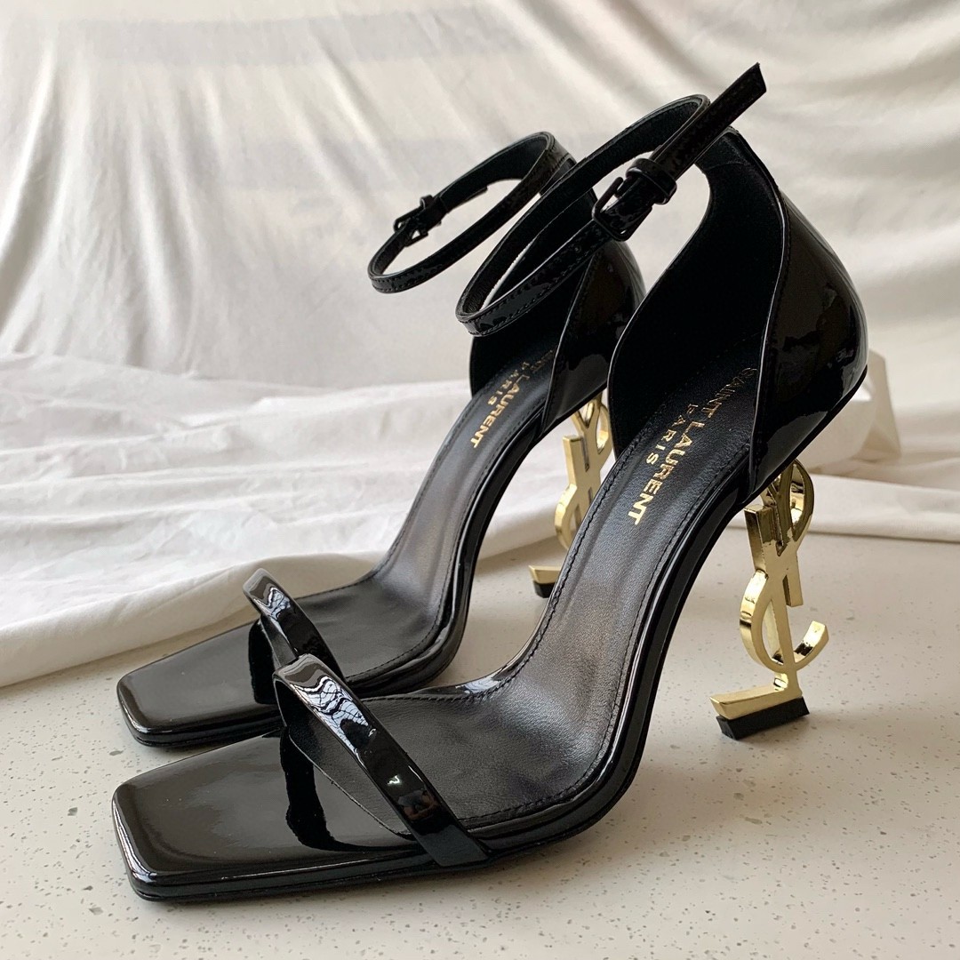 Saint Laurent Opyum 85mm Sandals in Black Patent Leather with Gold YSL Heel