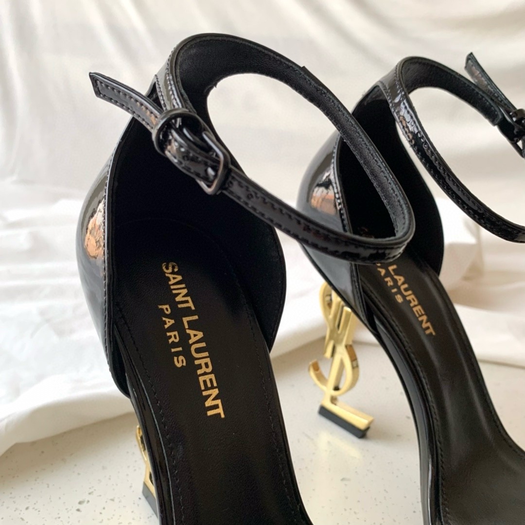 Saint Laurent Opyum 85mm Sandals in Black Patent Leather with Gold YSL Heel