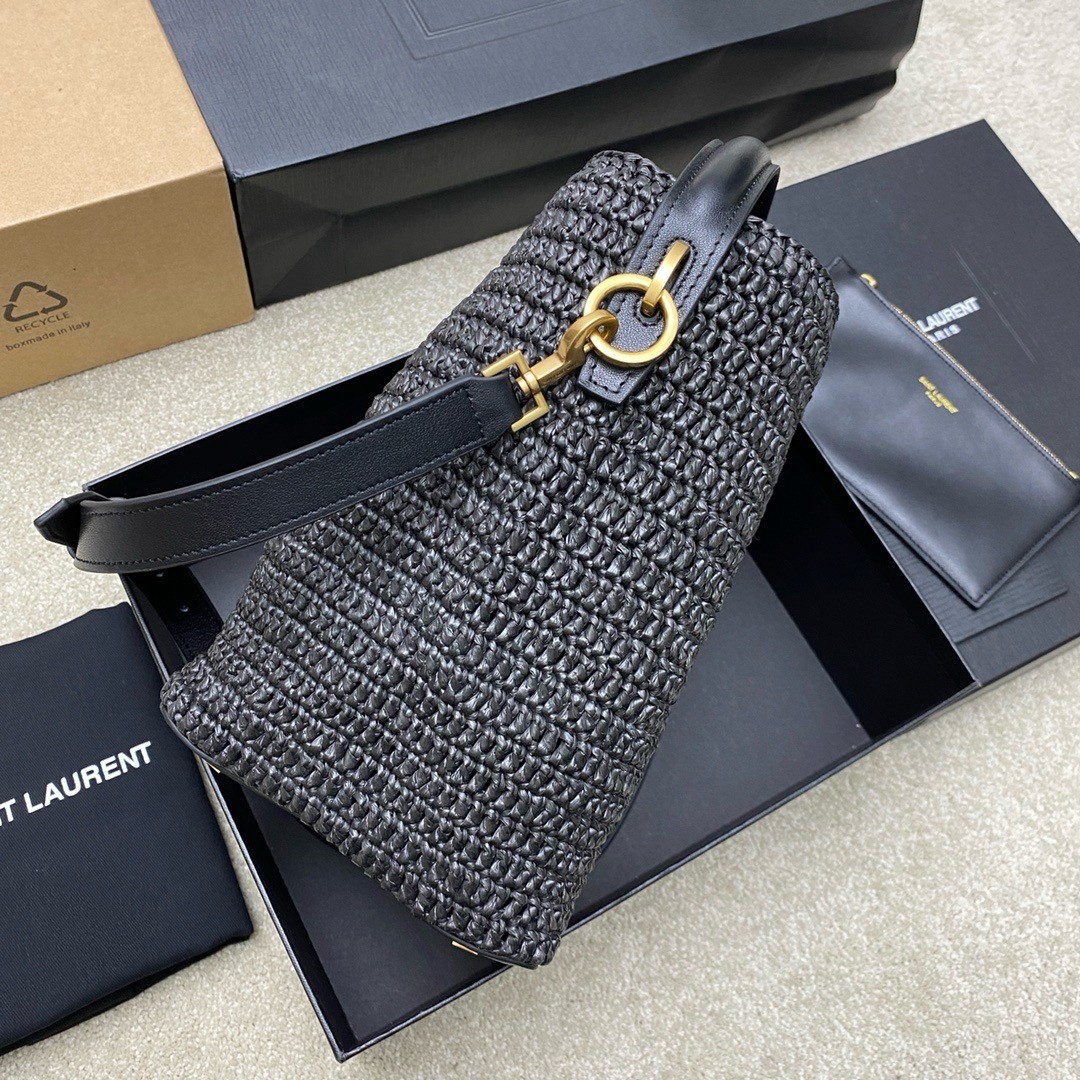 Saint Laurent Le 37 Bucket Bag in Black Woven Raffia