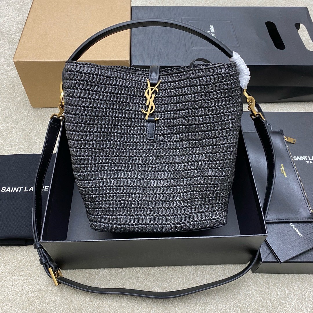 Saint Laurent Le 37 Bucket Bag in Black Woven Raffia