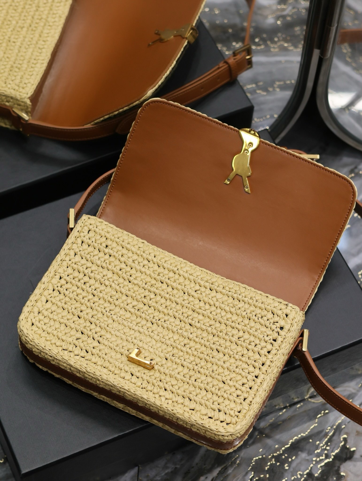 Saint Laurent Medium Solferino Bag in Naturel Raffia